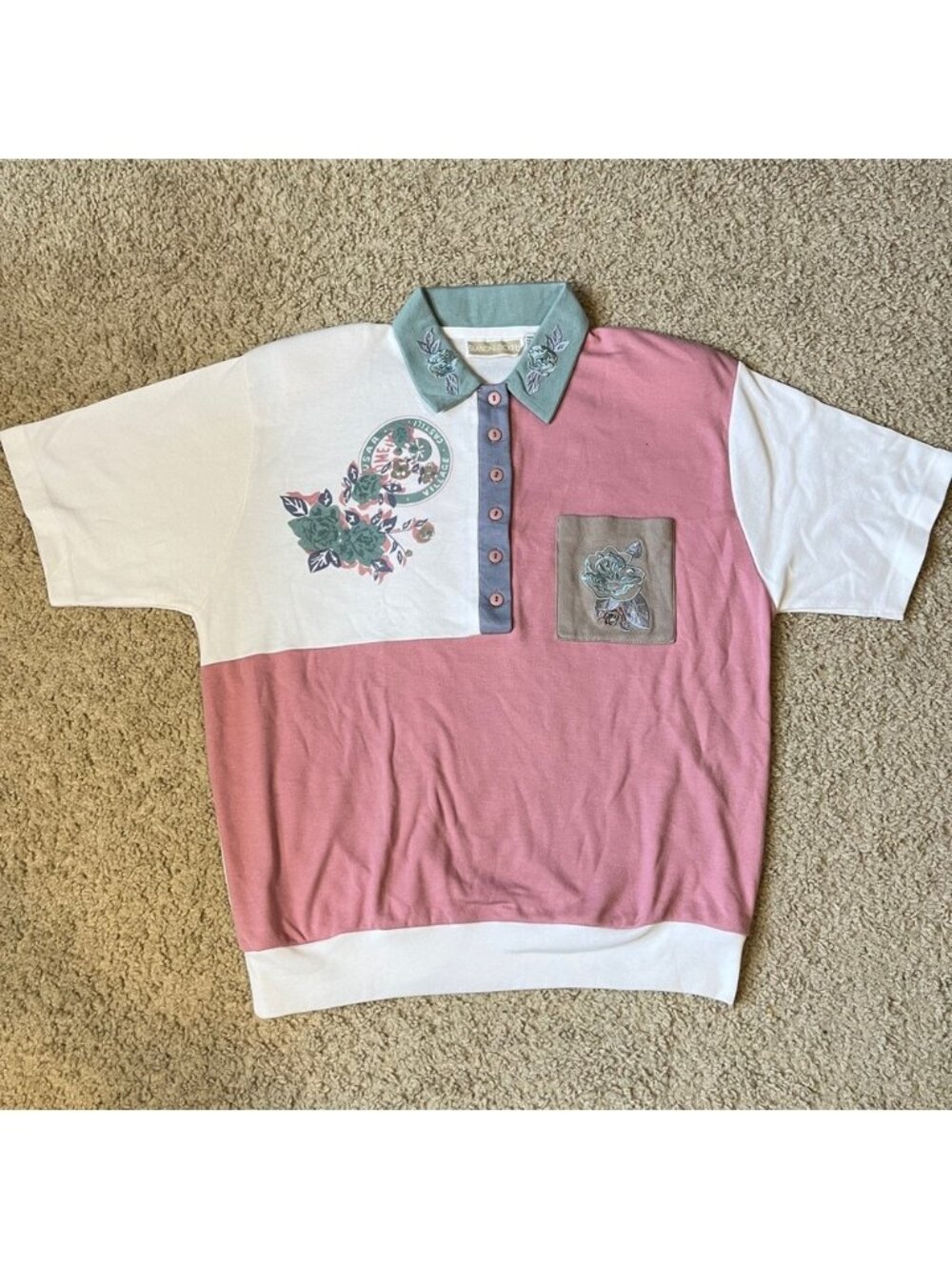 Vintage Season Ticket Women's L Shoulder Pads Shirt Collared Floral Block Pastel
